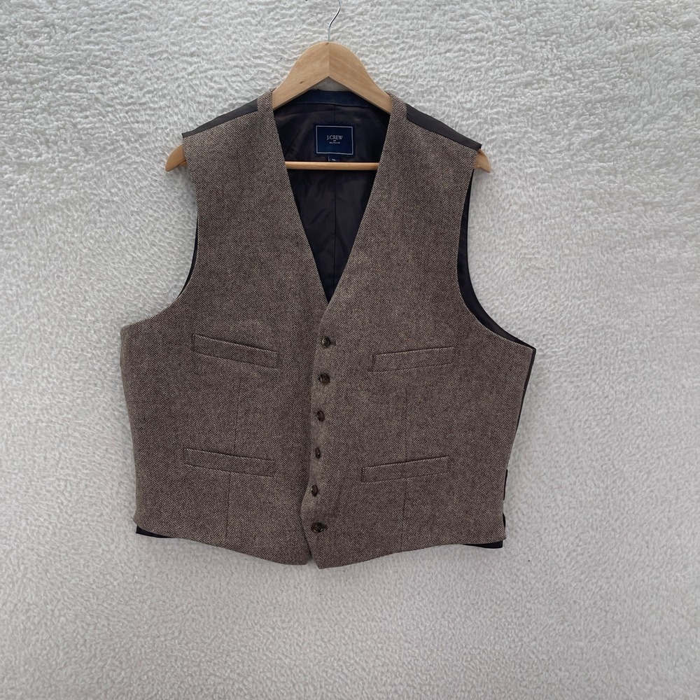 J Crew Suit Vest Mens XL Brown Wool Blend Herringbone Tweed Waistcoat Preppy